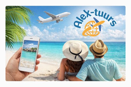 Пара на тропическом пляже, самолёт в небе и логотип Alex-Tuurs — символ путешествий и отдыха